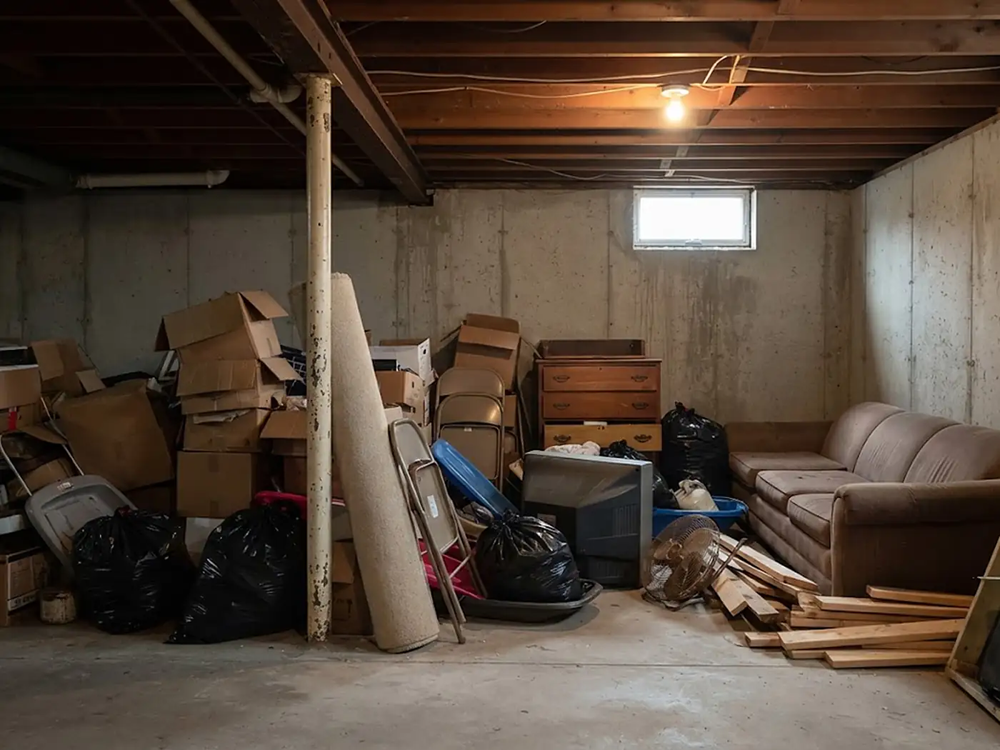 Rhode Island basement packed with cardboard boxes, a worn sofa, a rolled carpet and bagged household junk before pickup