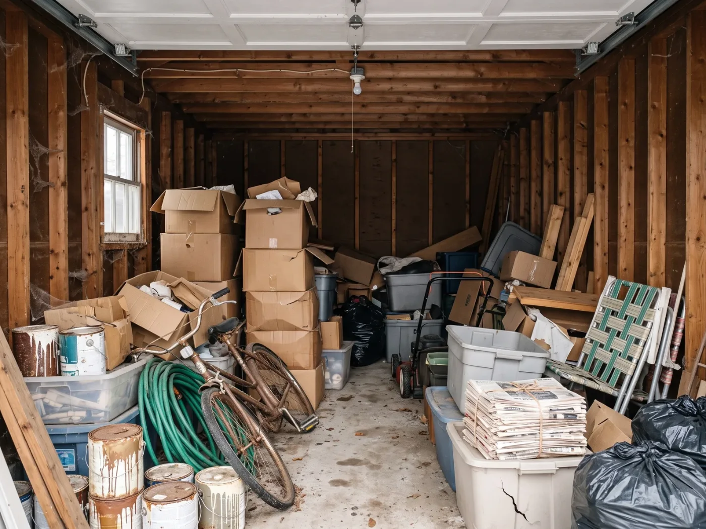 Central Falls garage full of furniture, boxes and debris before junk removal