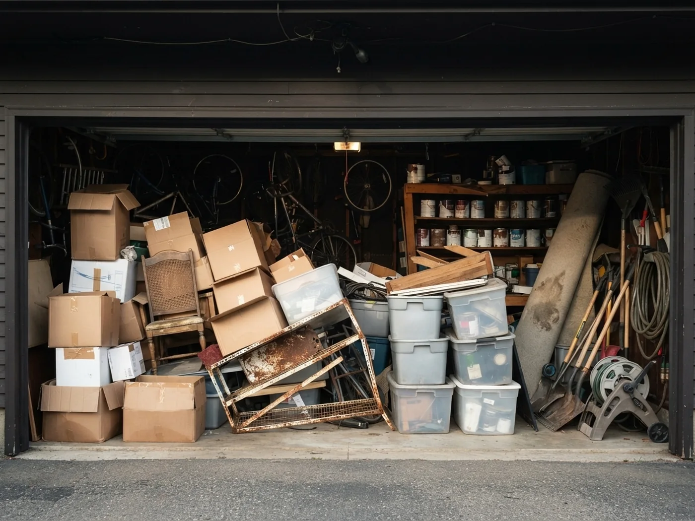 Cranston garage packed floor to ceiling with boxes and household junk before the cleanout