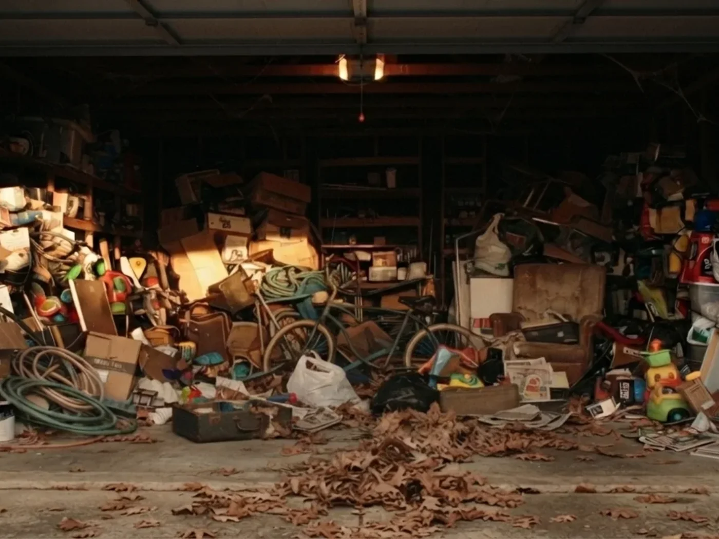 East Providence garage full of furniture, boxes and debris before junk removal
