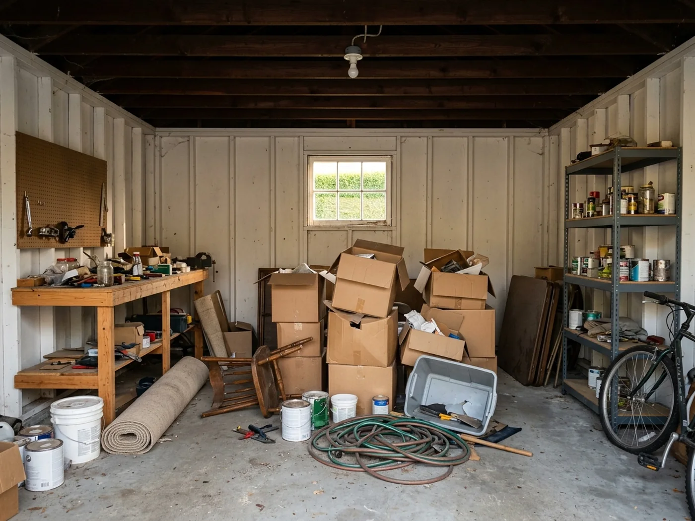 Newport garage full of furniture, boxes and debris before junk removal