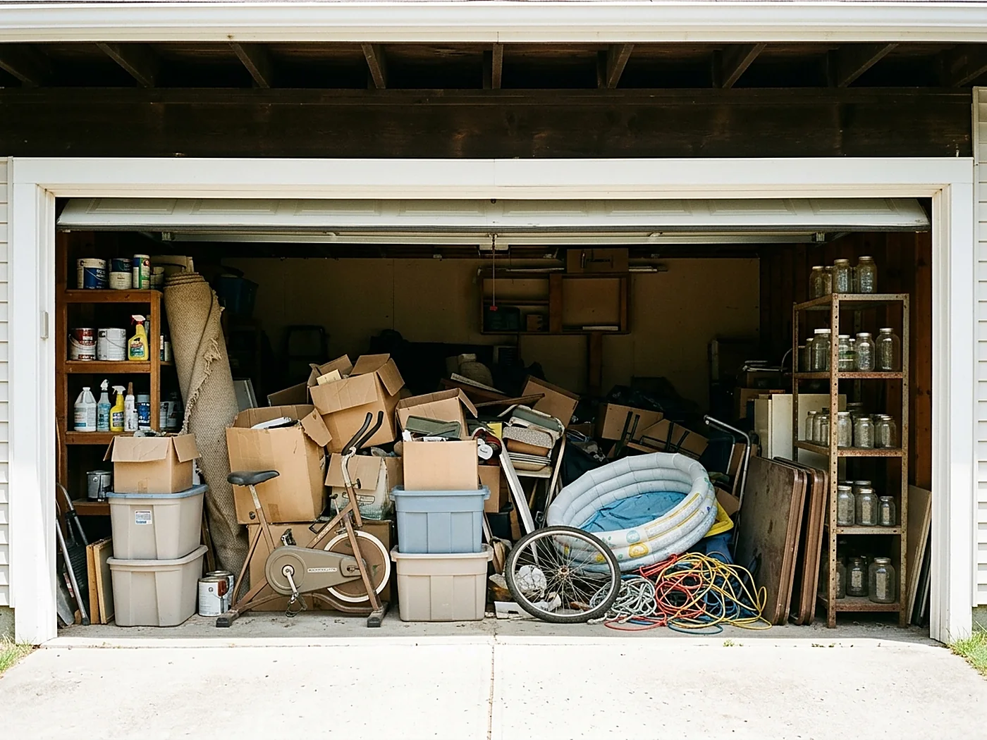 Warwick garage packed floor to ceiling with boxes and household junk before the cleanout