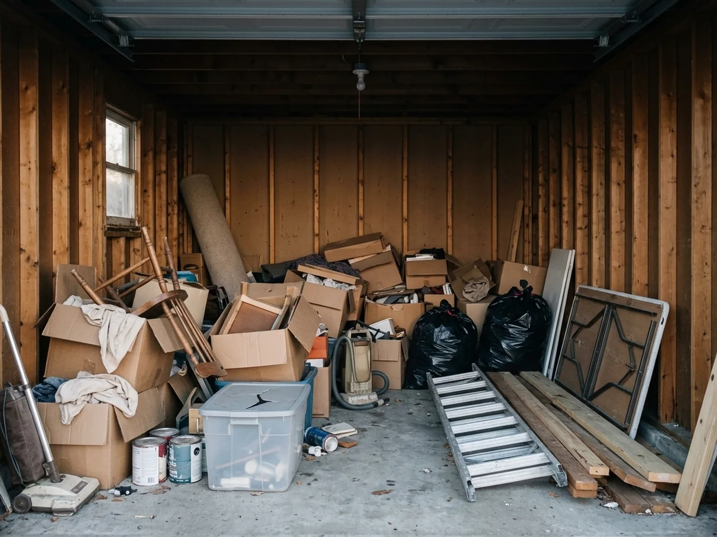 Woonsocket garage packed floor to ceiling with boxes and household junk before the cleanout
