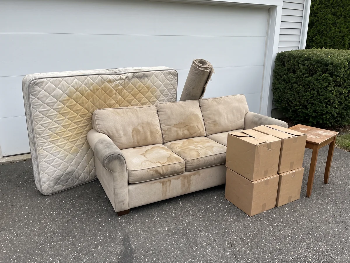 Pile of stained furniture, mattress and boxes in a Rhode Island driveway, photographed for a flat-price junk removal quote